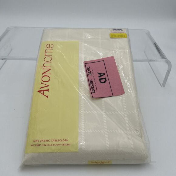 NOS Avon Home Fabric Tablecloth 60" X 84" oblong Cream Square Pattern - Picture 3 of 7